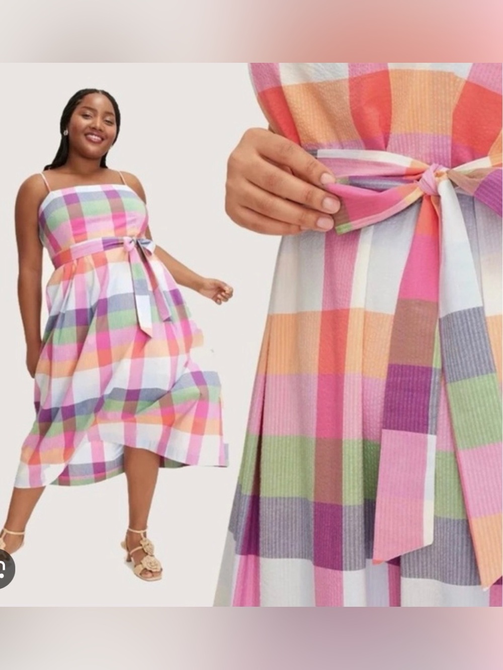 Kate Spade Pastel Plaid A-Line Midi Dress with Waist Tie Sundress size M-NWT